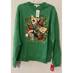 Celebrate Together Adult Unisex Green Singing Cat Pullover Sweatshirt NWT! A4762